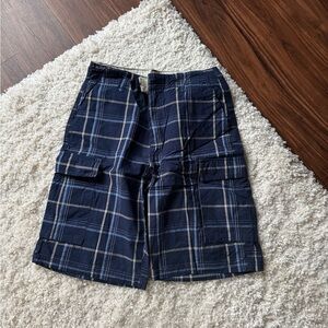 Men's Navy Plaid Cargo Shorts • 32”